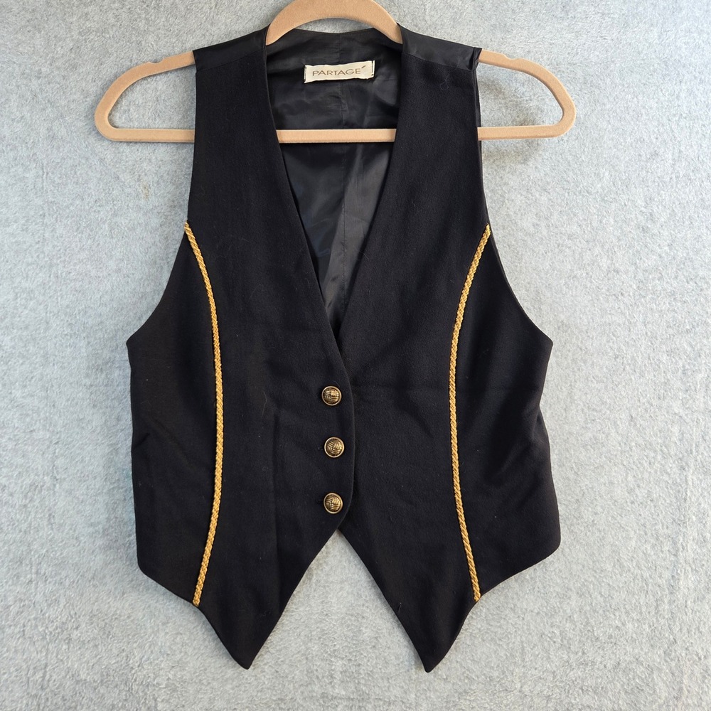 Partage Vest Women Small Black Gold Trim Tailored Vintage Button Front Waistcoat